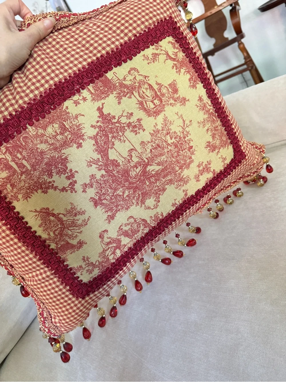 French Country Cottage Red Ivory English Toile Check Tassels Beaded Foam Pillow
